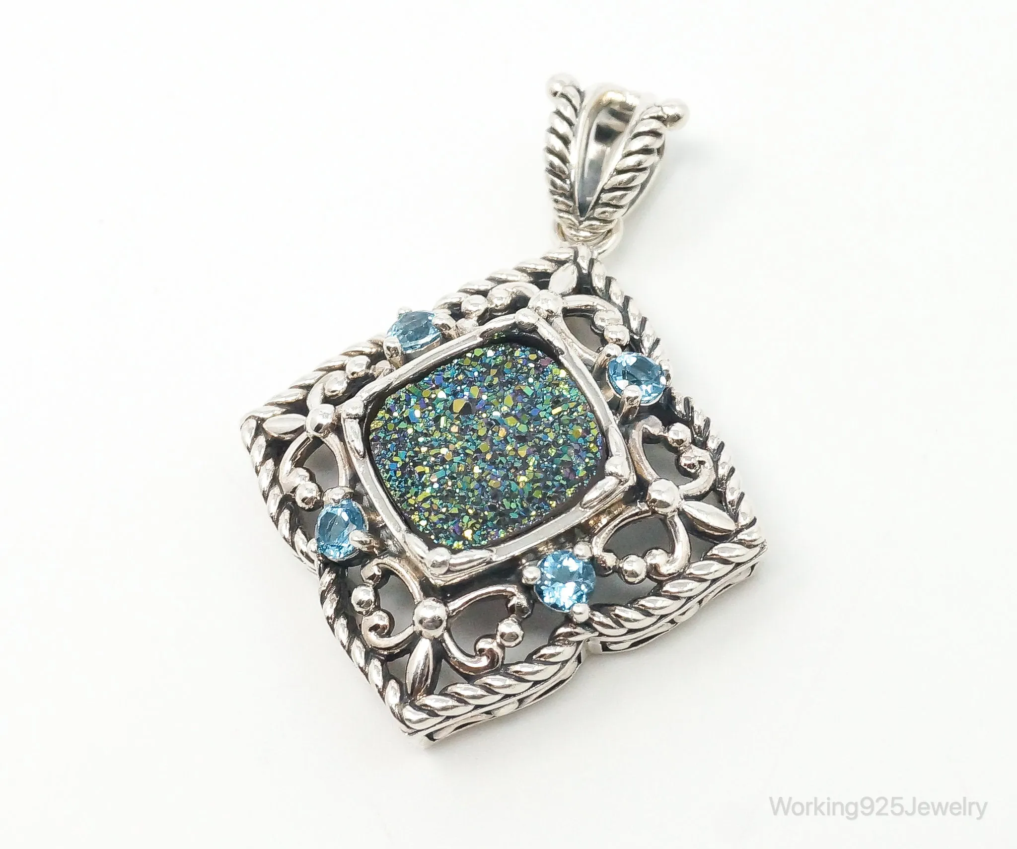 Vintage Druzy Quartz Blue Topaz Sterling Silver Necklace Pendant
