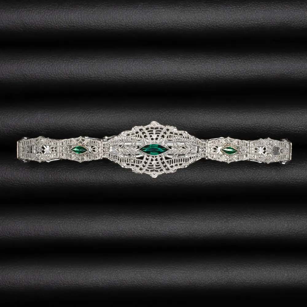 VINTAGE EMERALD 10k WHITE GOLD BRACELET FILIGREE ART DECO GREEN ESTATE MARQUISE