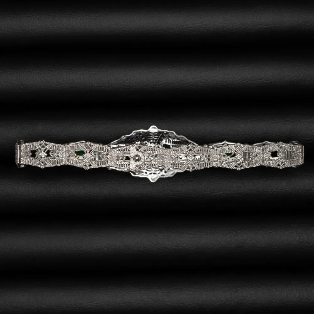 VINTAGE EMERALD 10k WHITE GOLD BRACELET FILIGREE ART DECO GREEN ESTATE MARQUISE