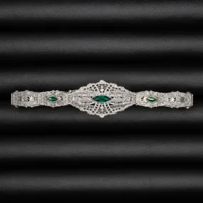 VINTAGE EMERALD 10k WHITE GOLD BRACELET FILIGREE ART DECO GREEN ESTATE MARQUISE