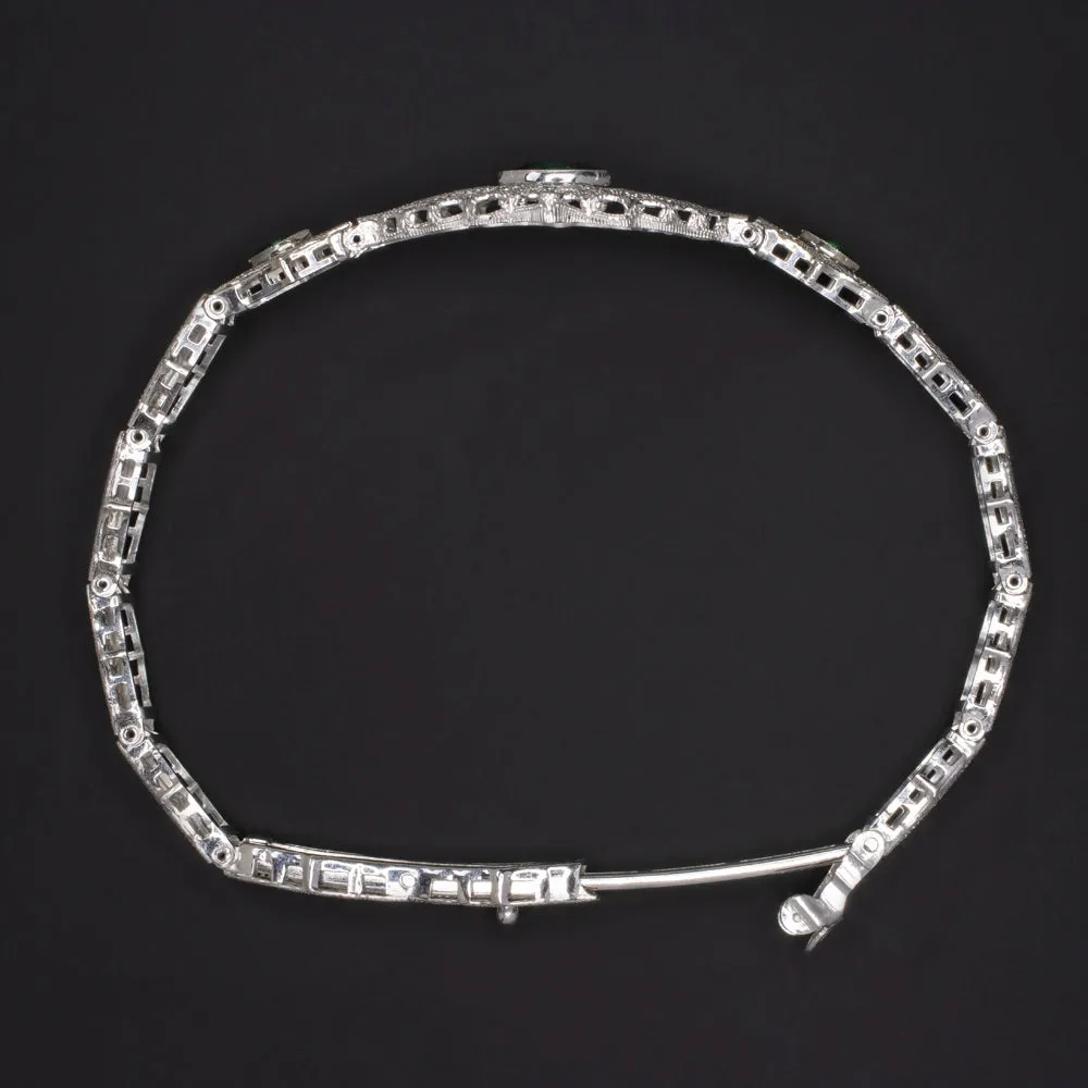 VINTAGE EMERALD 10k WHITE GOLD BRACELET FILIGREE ART DECO GREEN ESTATE MARQUISE