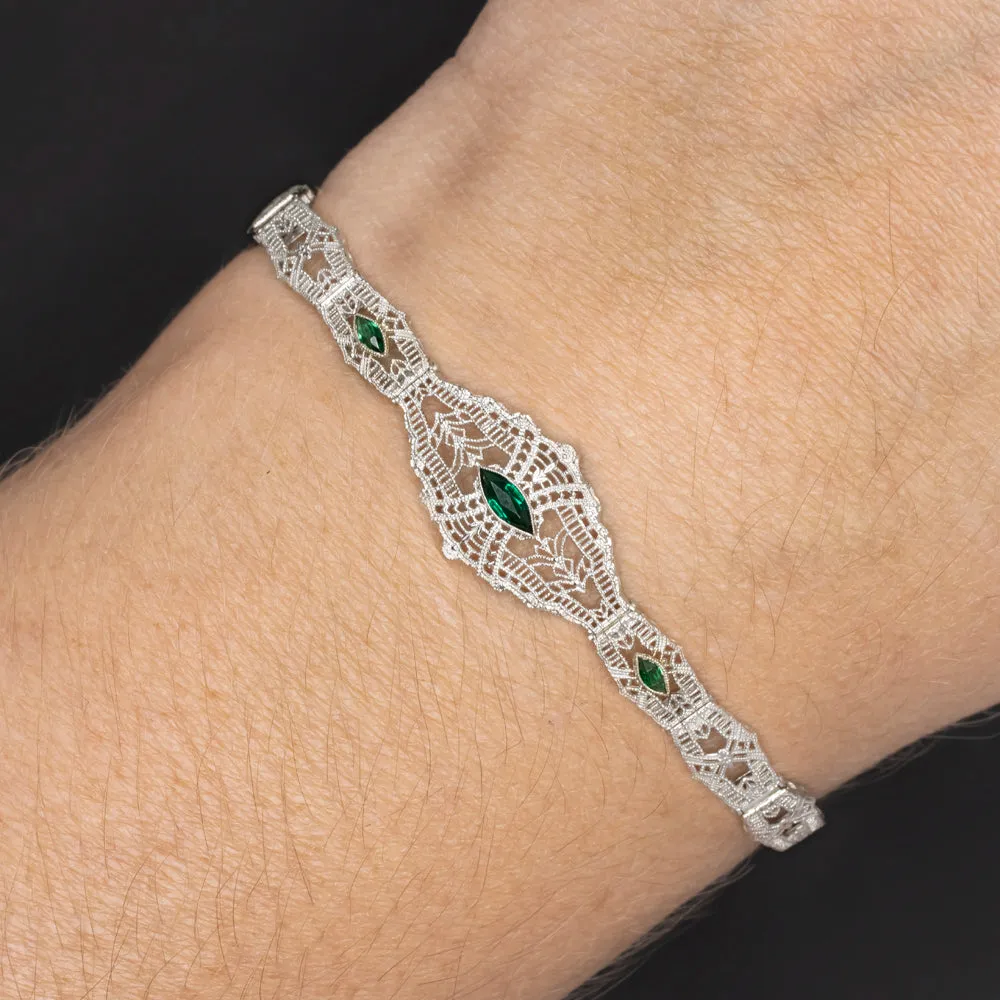 VINTAGE EMERALD 10k WHITE GOLD BRACELET FILIGREE ART DECO GREEN ESTATE MARQUISE