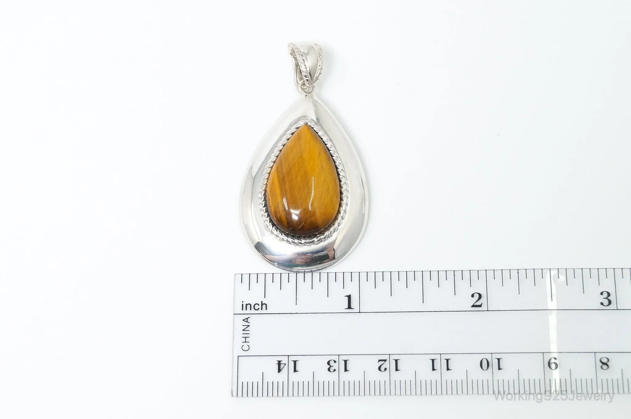 Vintage Large Tigers Eye Southwestern Style Sterling Silver Pendant