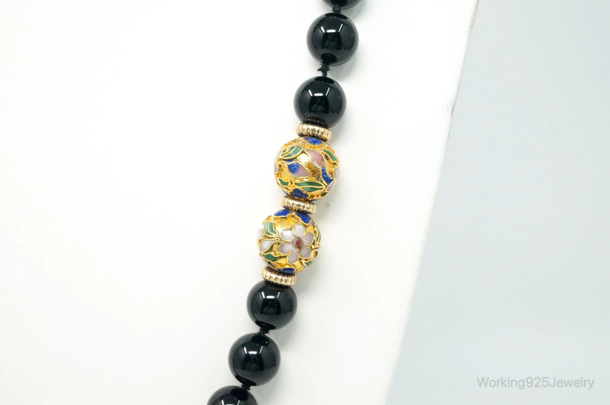 Vintage Long Black Onyx Cloisonne Beads Necklace
