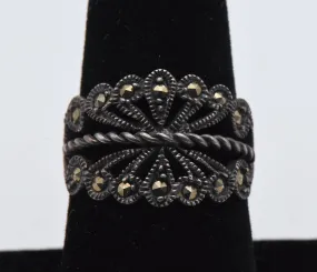 Vintage Sterling Silver and Marcasite Filigree Ring - Size 7.75