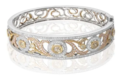WIDE 3.27CT WHITE PINK & YELLOW DIAMOND 18KT TRI COLOR GOLD HALO BANGLE BRACELET