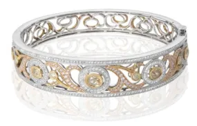 WIDE 3.27CT WHITE PINK & YELLOW DIAMOND 18KT TRI COLOR GOLD HALO BANGLE BRACELET