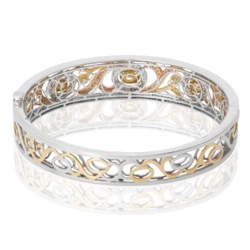WIDE 3.27CT WHITE PINK & YELLOW DIAMOND 18KT TRI COLOR GOLD HALO BANGLE BRACELET