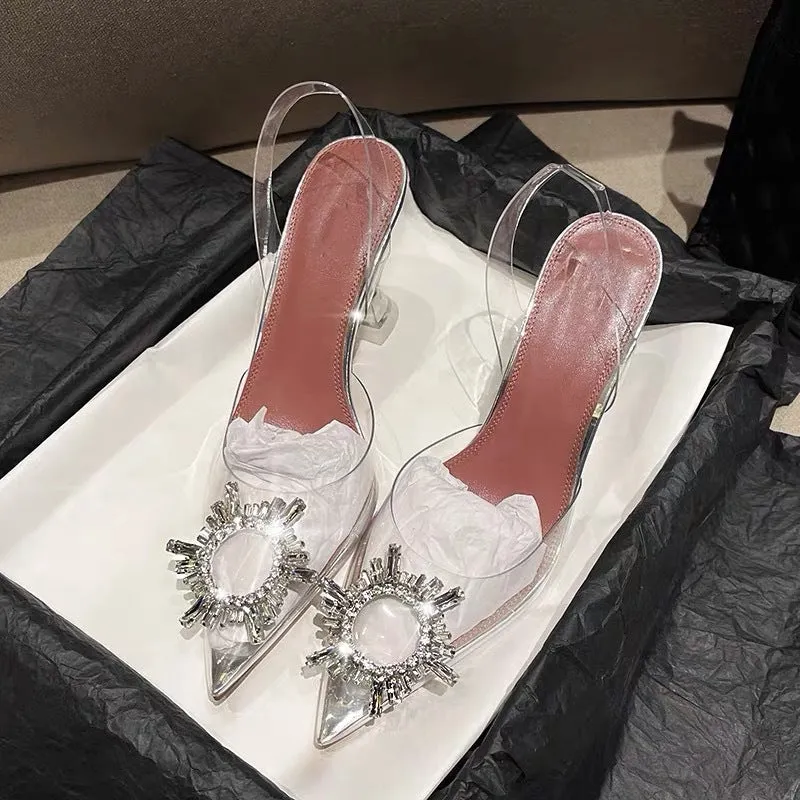 xiangtuibao Transparent Color Rhinestone Closed Toe Slingback Sandals Slip-on Crystal High Heels  New Fairy Style High Heel Sandals for Women