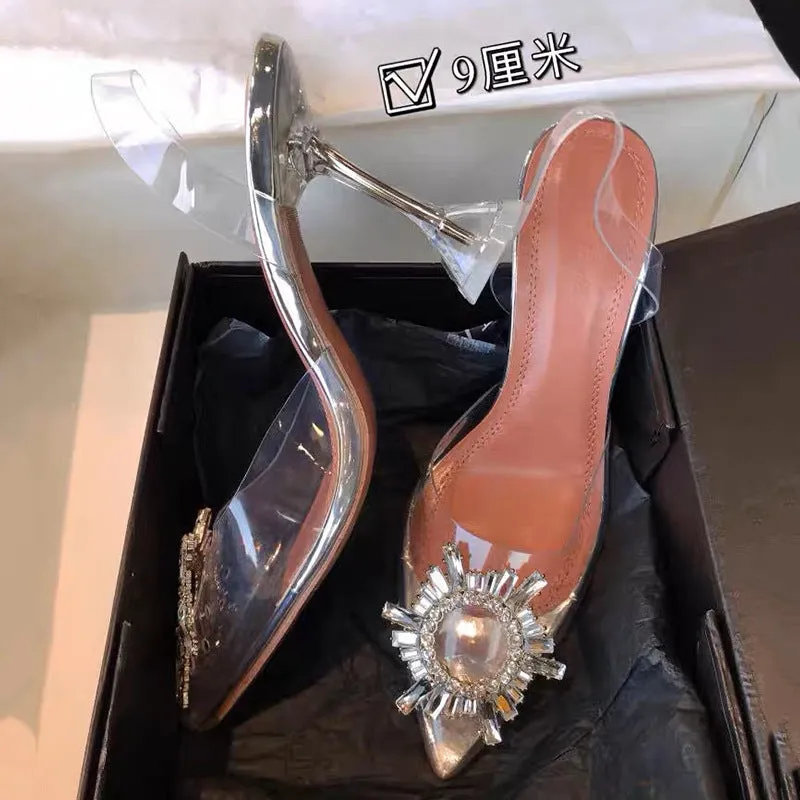 xiangtuibao Transparent Color Rhinestone Closed Toe Slingback Sandals Slip-on Crystal High Heels  New Fairy Style High Heel Sandals for Women