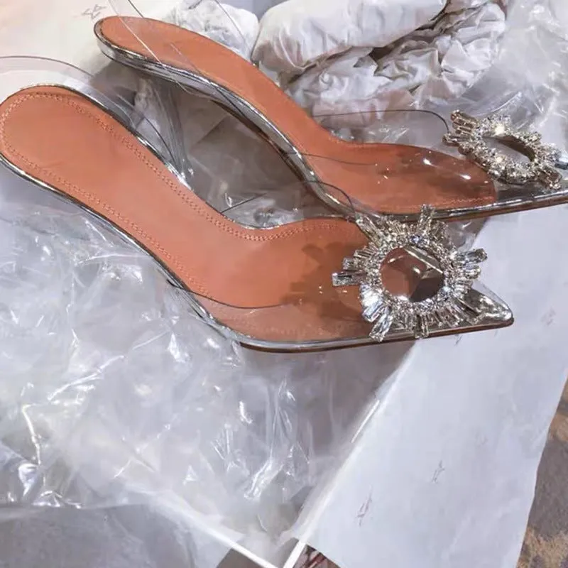 xiangtuibao Transparent Color Rhinestone Closed Toe Slingback Sandals Slip-on Crystal High Heels  New Fairy Style High Heel Sandals for Women