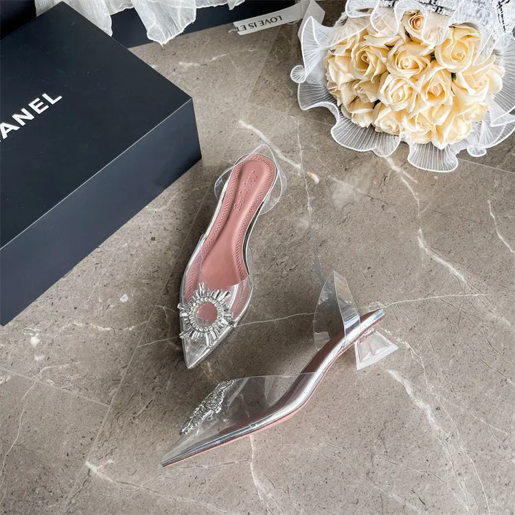 xiangtuibao Transparent Color Rhinestone Closed Toe Slingback Sandals Slip-on Crystal High Heels  New Fairy Style High Heel Sandals for Women