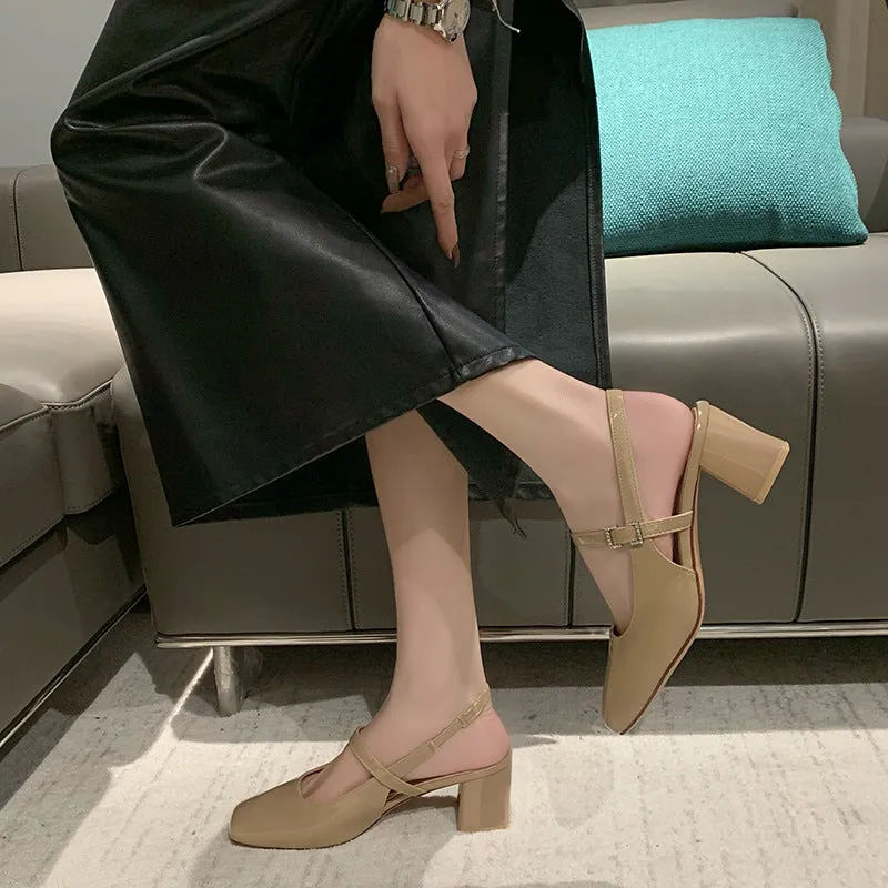 xiangtuibao Women's Chunky Heel High Heels Women's Fashion Shoes  Summer New Sandals Female Temperament Back Empty Square Toe Mary Jane Shoes