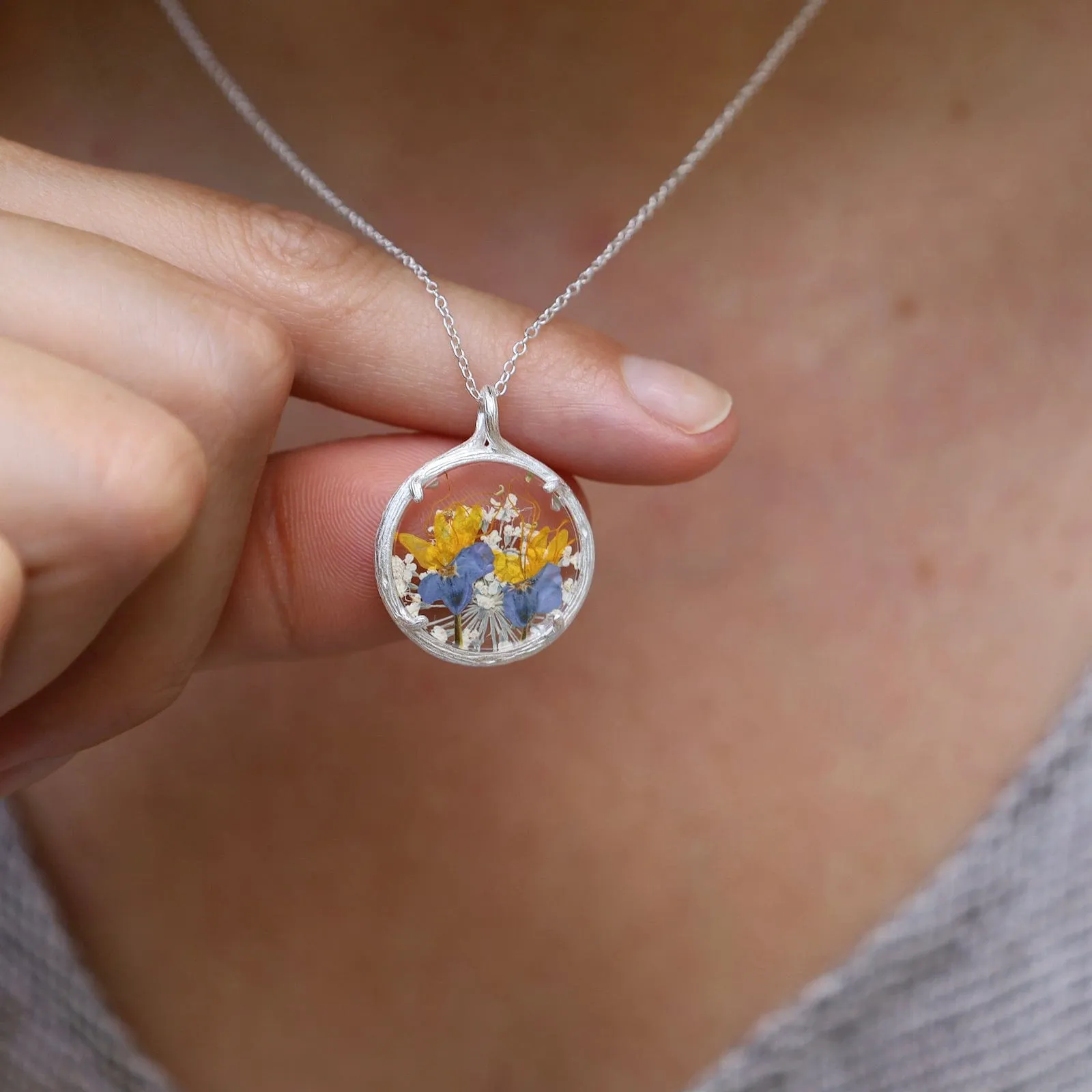 Yellow Purple Fields Small Glass Botanical Necklace - Recycled Sterling Silver