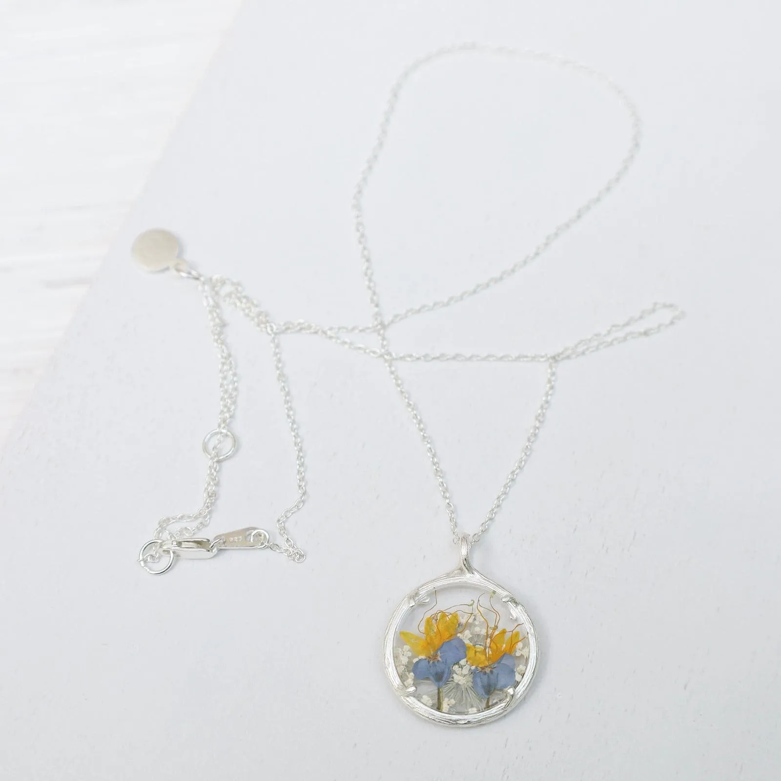 Yellow Purple Fields Small Glass Botanical Necklace - Recycled Sterling Silver