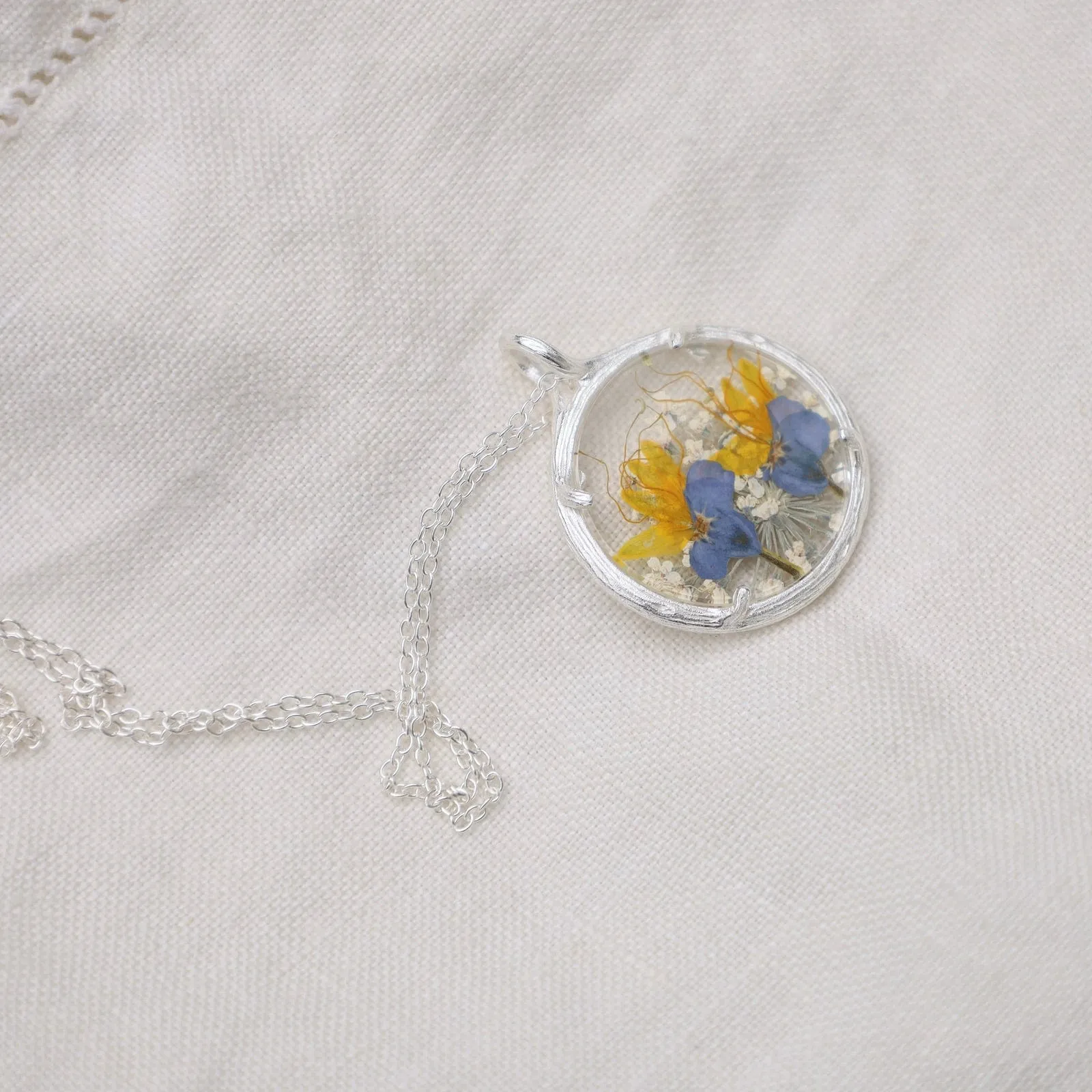 Yellow Purple Fields Small Glass Botanical Necklace - Recycled Sterling Silver