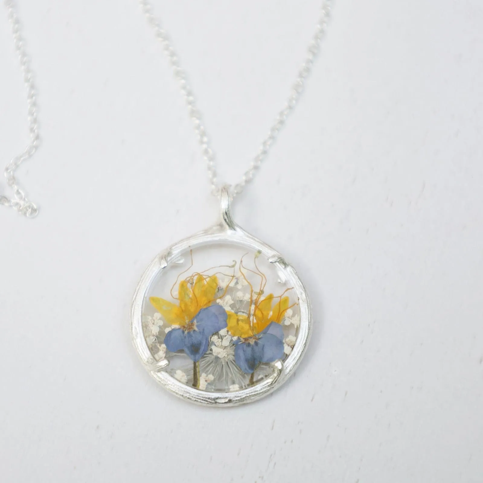 Yellow Purple Fields Small Glass Botanical Necklace - Recycled Sterling Silver