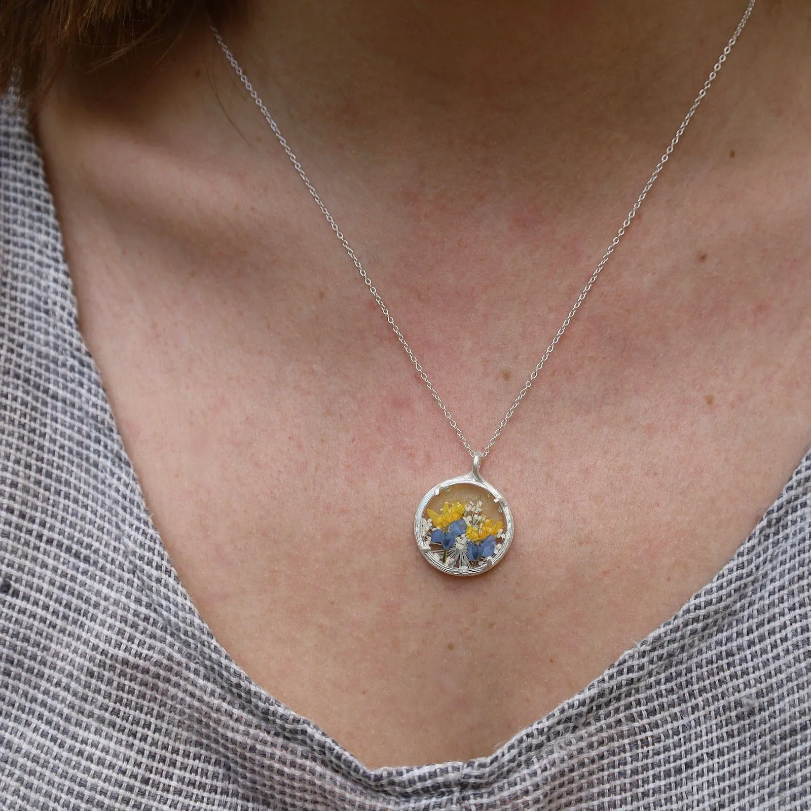 Yellow Purple Fields Small Glass Botanical Necklace - Recycled Sterling Silver